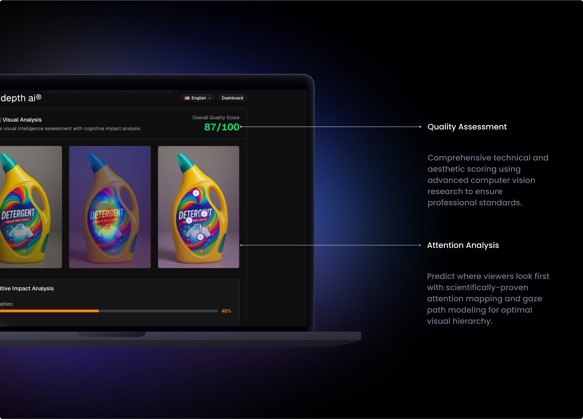 Vision Depth AI benchmarking dashboard displaying performance metrics for visual assets.
